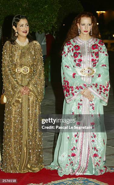 Princess Lalla Salma and Princess Lalla Meriam attend a dinner marking a state visit by French President Jacques Chirac at the Royal Palace October...