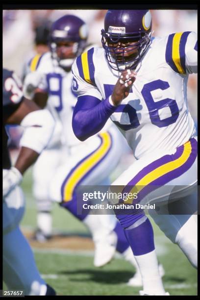 Linebacker Chris Doleman of the Minnesota Vikings moves down the field during a game against the Chicago Bears at Soldier Field in Chicago, Illinois....