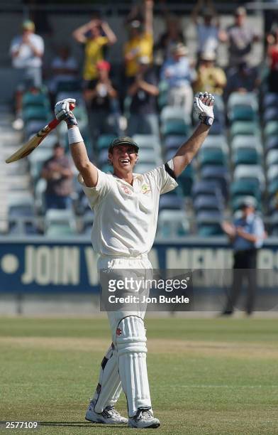 Matthew Hayden of Australia celebrates scoring 376 runs during the second day of the First Test match between Australia and Zimbabwe at the WACA...