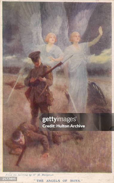 Postcard depicting the famous myth of divine intervention by angels on the battlefield at Mons, Belgium, 23rd August 1914. From a painting by W.H....