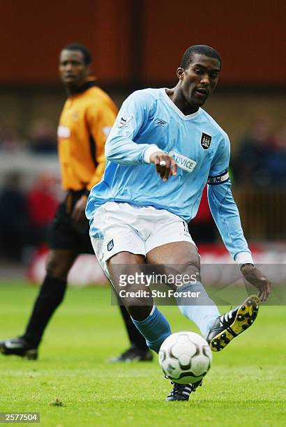 Sylvain Distin of Manchester City passes the ball during the FA Barclaycard Premiership match between Wolverhampton Wanderers and Manchester City...