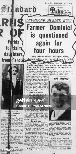 Front page article in the Evening Standard, 8th August 1952, covering a development in the investigation into the murders of Sir Jack Drummond, Lady...