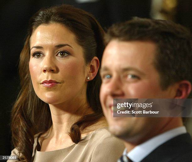 Denmark's Crown Prince Frederik and his fiancee, Mary Elizabeth Donaldson of Australia, attend a media conference at Fredensborg Castle October 8,...