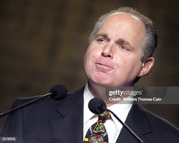 Radio talk show host Rush Limbaugh makes remarks at the National Association of Broadcasters October 2, 2003 in Philadelphia, Pennsylvania. Limbaugh...