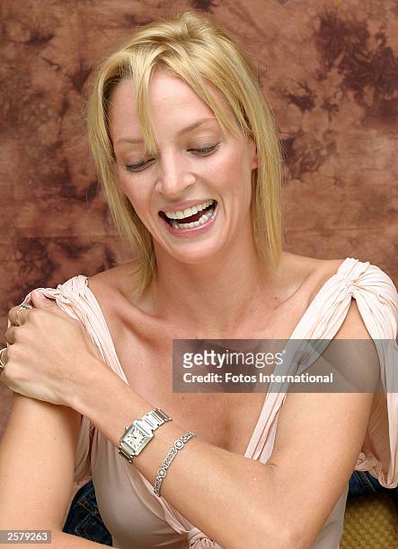 Actress Uma Thurman attends the press conference for her latest film "Kill Bill: Volume 1" at the Four Seasons Hotel September 29, 2003 in Beverly...