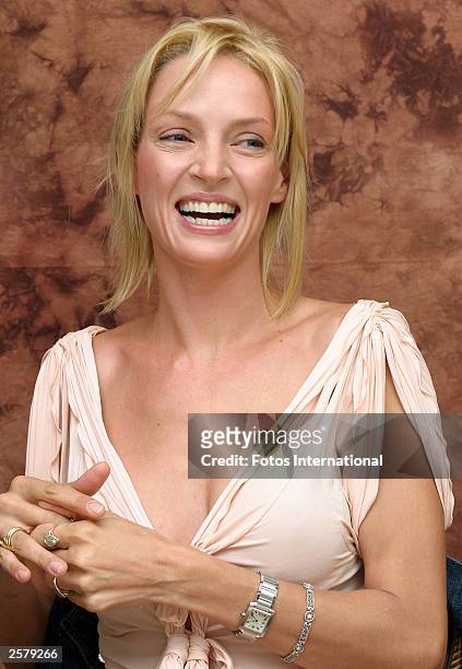 Actress Uma Thurman attends the press conference for her latest film "Kill Bill: Volume 1" at the Four Seasons Hotel September 29, 2003 in Beverly...