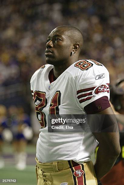 Wide receiver Terrell Owens of the San Francisco 49ers stands on the sidelines during the game against the Minnesota Vikings at the Hubert H....