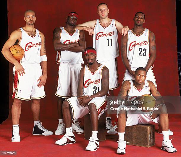Carlos Boozer,Darius Miles,Ricky Davis, Zydrunas Ilgauskas, LeBron James and DaJuan Wagner of the Cleveland Cavaliers pose for a portrait during NBA...