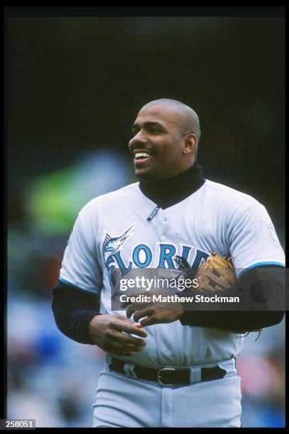 Third baseman Bobby Bonilla of the Florida Marlins stands in the field during a game against the Chicago Cubs at Wrigley Field in Chicago, Illinois....