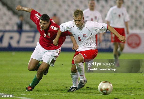 Tomasz Rzasa of Poland struggles with Imre Szabics of Hungary for the ball in their Euro 2004 soccer qualifying match October 11, 2003 in Budapest,...