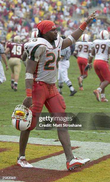 Sean Taylor of the Miami Hurricanes celebrates the Hurricanes victory over the Florida State Seminoles at Doak Campbell Stadium on October 11, 2003...