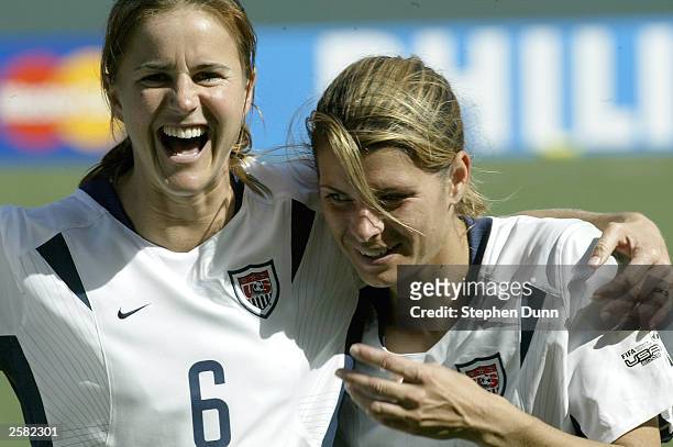 Brandi Chastain and Mia Hamm of USA after defeating Canada 3-1 during the 3rd place match of the FIFA Women's World Cup on October 11, 2003 at the...