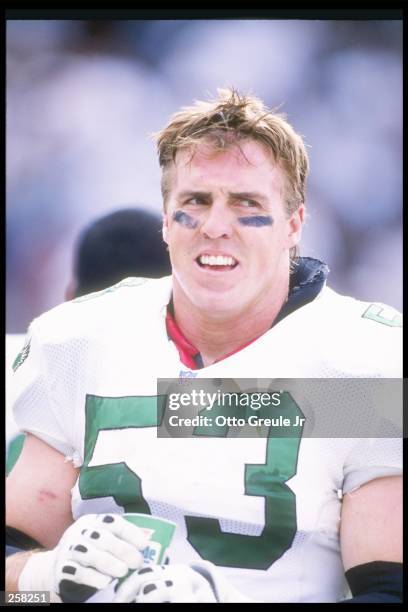 Linebacker Bill Romanowski of the Philadelphia Eagles looks on during a game against the Oakland Raiders at the Oakland-Alameda County Coliseum in...