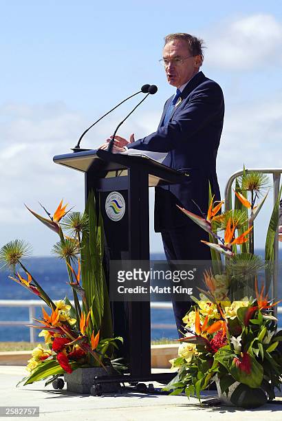 Premier Bob Carr speaks during a Bali bombing anniversary memorial service at Dolphins Point, Coogee Beach October 12, 2003 in Sydney, Australia. The...