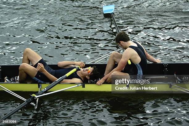 Members of The Latymer Upper School recover after losing to Brentwood College School of Canada in a heat of The Princess Elizabeth Challenge Cup...