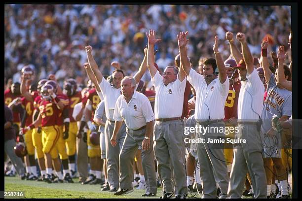 Trojans head coach John Robinson looks on from the sidelines during game against the University of Stanford Cardinals at the Los Angeles Memorial...