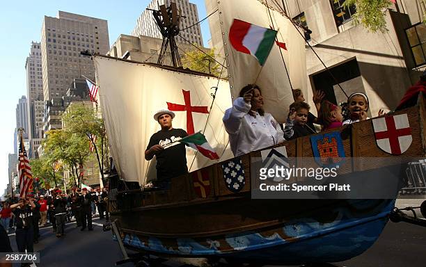 Float representing one of the ships Christopher Columbus used in the discovery of the Americas moves down Fifth Avenue during the Columbus Day Parade...