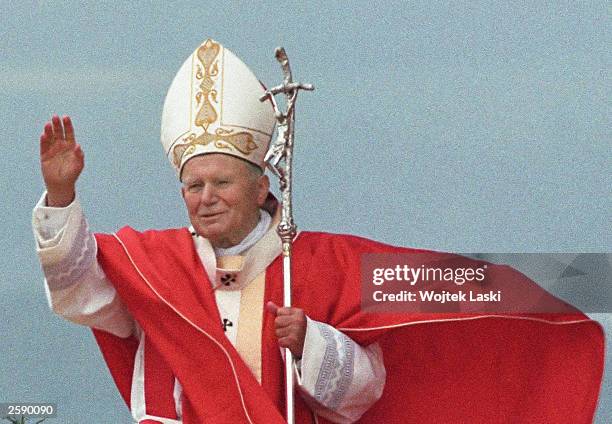 Pope John Paul II conducting Holy Mass at the Kaplicowka Hill in Skoczow, during his one-day unofficial visit to Poland, 22nd May 1995.