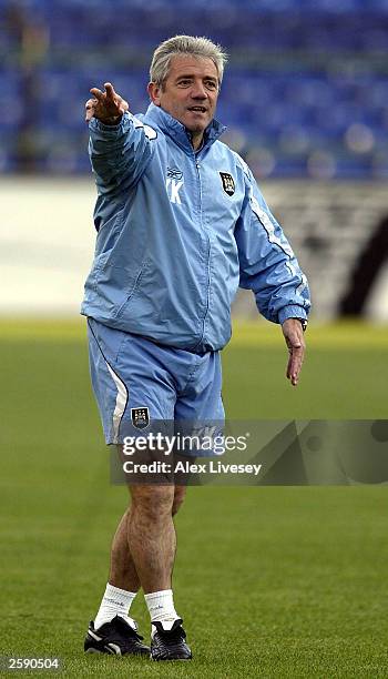 Kevin Keegan, the manager of Manchester City, gestures during a training session ahead of the UEFA Cup first round, second-leg match against Sporting...