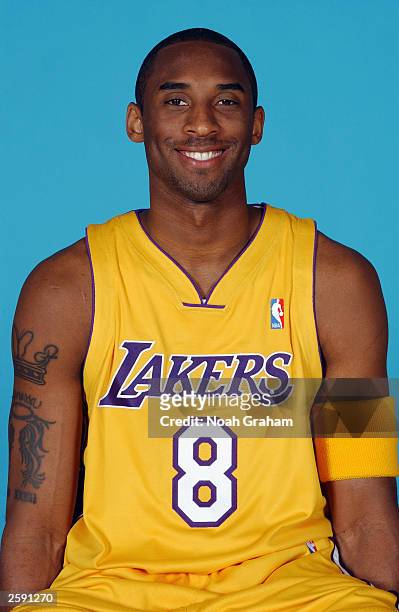 Kobe Bryant of the Los Angeles Lakers poses for a portrait during NBA Media Day at the Lakers Practice Facility on October 10, 2003 in El Segundo,...