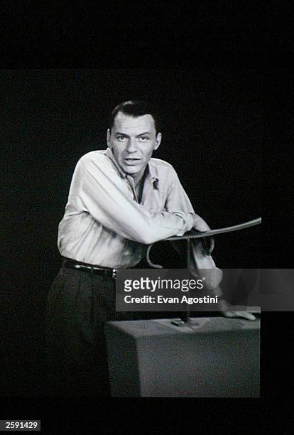 The image of singer Frank Sinatra appears on 40 foot high movable panels and screens during rehearsals for the "Sinatra: His Voice. His World. His...
