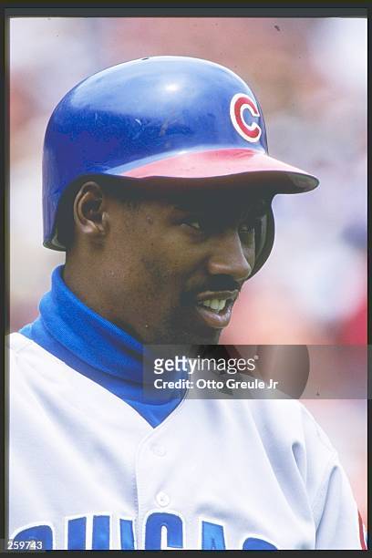 Outfielder Doug Glanville of the Chicago Cubs looks on pensively during a game against the San Francisco Giants at 3Comm Park in San Francisco,...