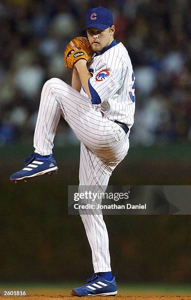 Starting pitcher Kerry Wood of the Chicago Cubs pitches against the Florida Marlins in the first inning during game seven of the National League...