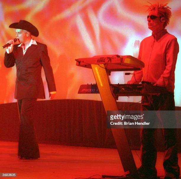 The Pet Shop Boys vocalist Neil Tenant, left, and Chris Louw perform at the Sultans Pool on June 1, 2000 in Jerusalem, Israel. The duo went on a...