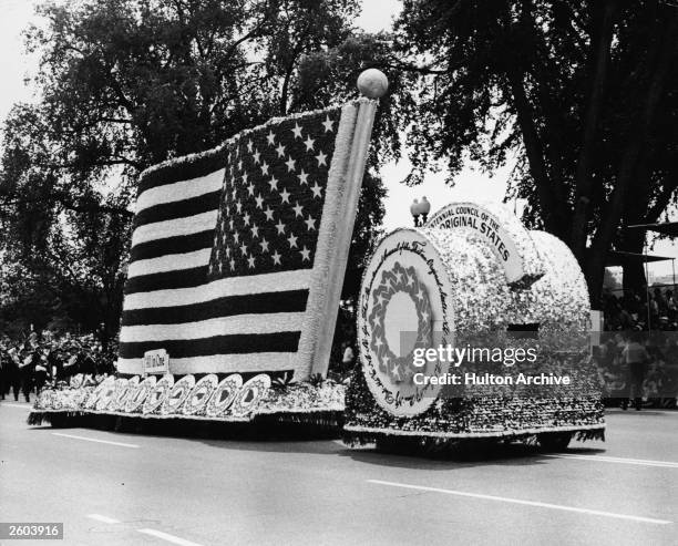 View of an American flag float during a US Bicentennial parade, July 1976.