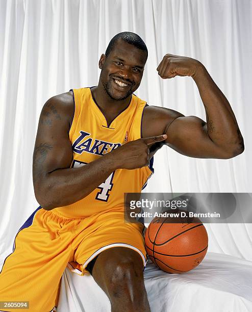 Shaquille O'Neal of the Los Angeles Lakers poses for a portrait during the Los Angeles Lakers Media Day on October 10, 2003 in El Segundo,...