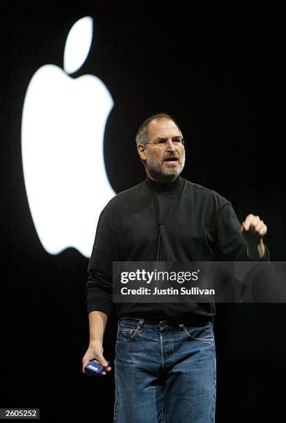 Apple CEO Steve Jobs delivers a kenote address October 16, 2003 in San Francisco. Jobs announced the popular iTunes music program would now be able...