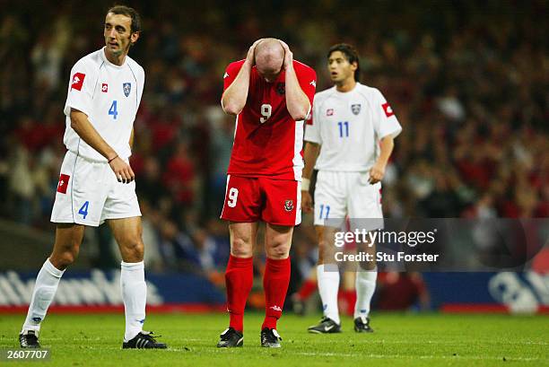 John Hartson of Wales looks dejected after missing a chance during the European Championships 2004 group 9 qualifing match between Wales and Serbia...