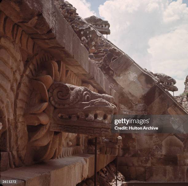 Detail of figures on the Temple of Quetzalcoatl at Teotihuacan, near Mexico City, Mexico, c. 1980.