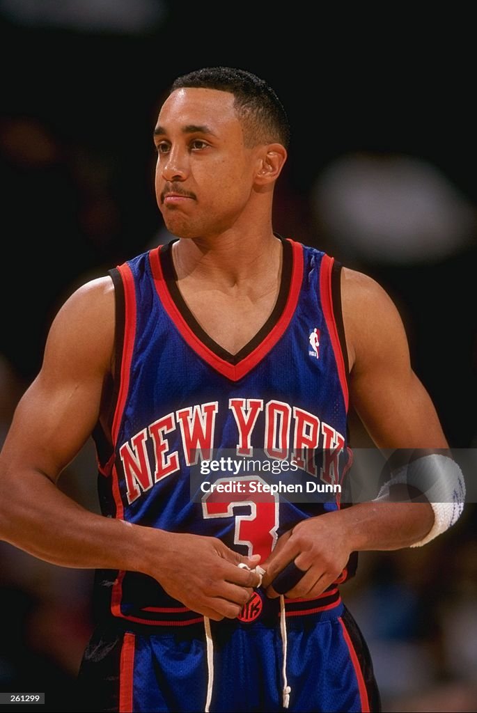 Guard John Starks of the New York Knicks looks on during a game... News ...