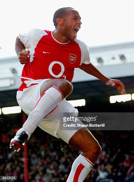 Thierry Henry of Arsenal celebrates scoring the second goal for Arsenal during the FA Barclaycard Premiership match between Arsenal and Chelsea on...