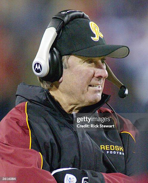 Steve Spurrier, head coach of the Washington Redskins watches his team against the Buffalo Bills on October 19, 2003 at Ralph Wilson Stadium in...