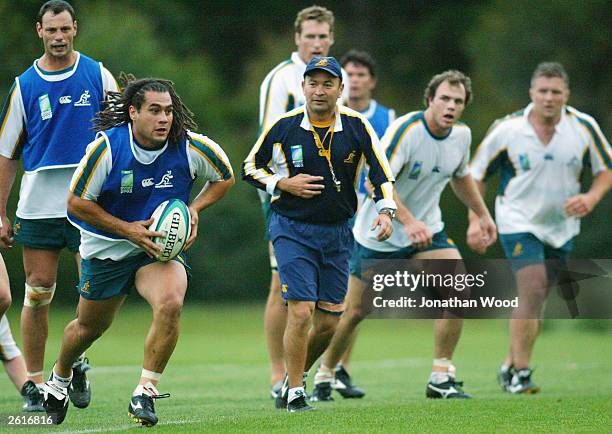 Eddie Jones of Australia watches over a team training session held at the Wallabies Training Centre October 20, 2003 in Coffs Harbour, Australia.