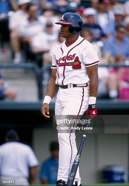 Outfielder Andruw Jones of the Atlanta Braves in action during a spring training game against the Florida Marlins at the Space Coast Stadium in...