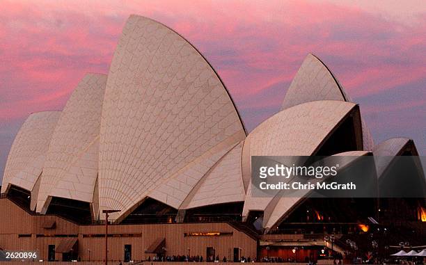 The sun sets over the Sydney Opera House on a winters afternoon in Sydney, Australia on August 6, 2002. October 20th, 2003 marks the 30th Anniversary...