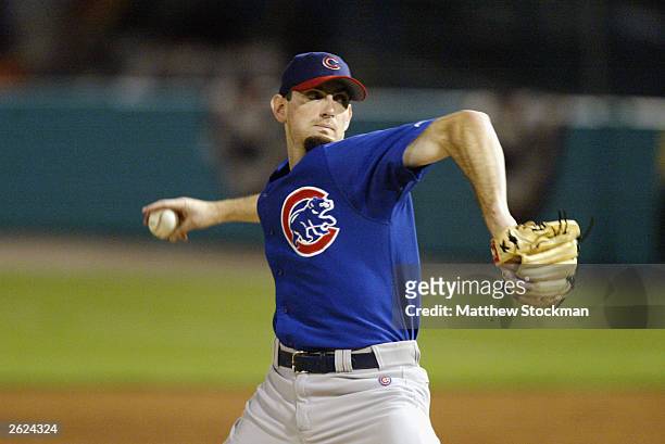 Matt Clement of the Chicago Cubs throws against the Florida Marlins in game four of the National League Championship Series on October 11, 2003 at...