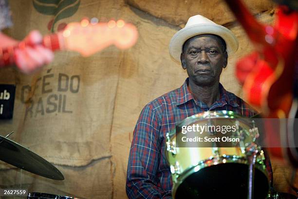 Blues drummer Sam Carr performs at the Ground Zero blues club October 18, 2003 in Clarksdale, Mississippi. Carr is famous for his work with Frank...