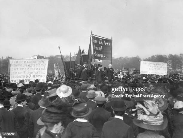 Scottish Labour leader Keir Hardie addressing a tailors' rally on May Day in Hyde Park, London. Keir Hardie was born in Legbrannock, in Lanarkshire,...