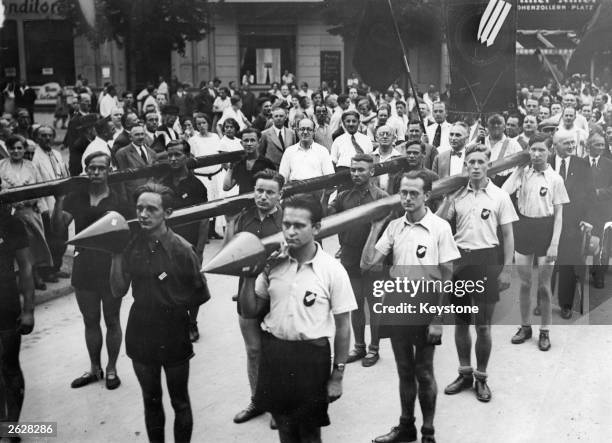 Anti-Hitler demonstrators lead a procession representating the Reichsbanner Organisation, the Trade Unions and the Workers' Sports Clubs at...