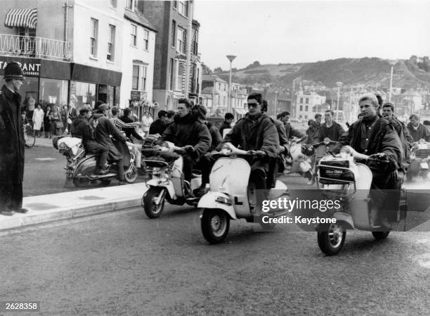 Mods at Hastings with their scooters.