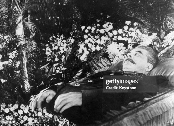 Soviet Communist leader Joseph Stalin lying in state in the hall of Trade Union House, Moscow.