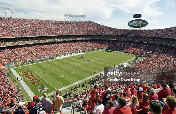 Fans fill the stadium as the Denver Broncos take on the Kansas City Chiefs at Arrowhead Stadium on October 5, 2003 in Kansas City, Missouri. The...