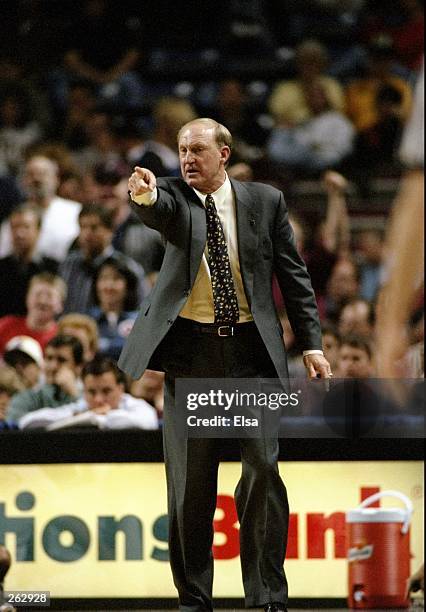 Head coach Norm Stewart of the Missouri Tigers looks on during a game against the Oklahoma Sooners at the Kemper Arena in Kansas City, Missouri....