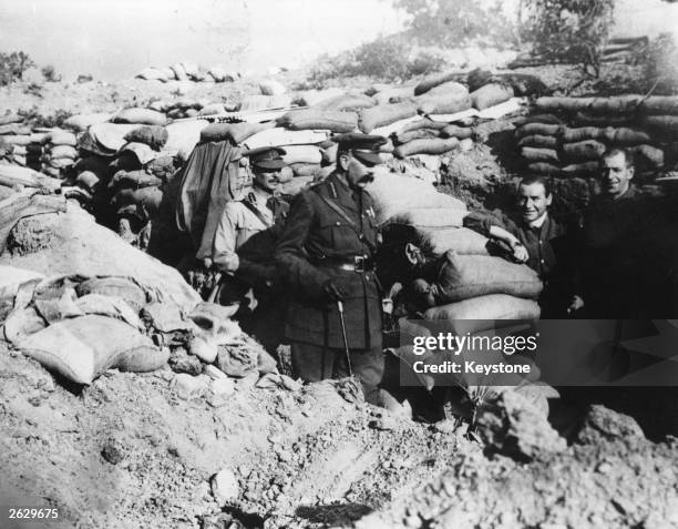 British secretary of war Lord Horatio Herbert Kitchener visits the trenches at Gallipoli, in Turkey.