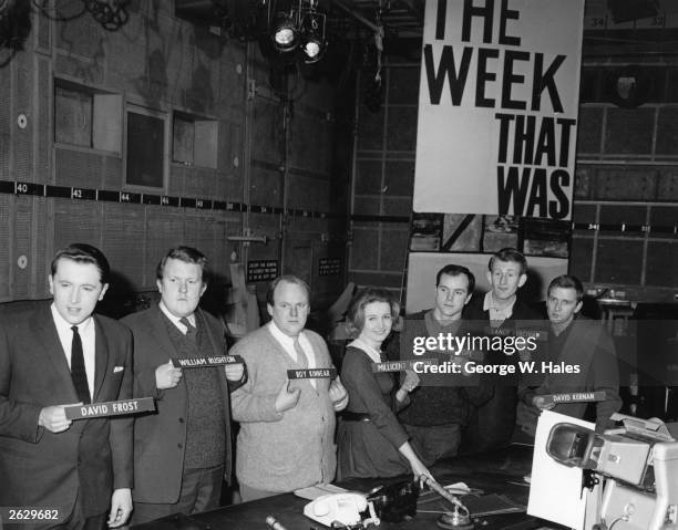 The cast of satirical British television programme 'That Was The Week That Was', at the BBC television studios in Shepherd's Bush, London. From left...