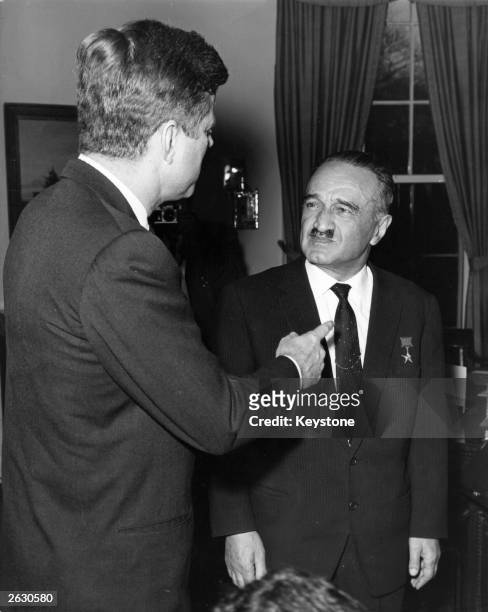 Anastas Ivanovich Mikoyan Soviet politician in his capacity as Deputy Premier of the USSR meeting President Kennedy of America at the White House for...